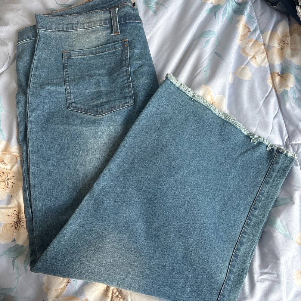 Light Wash Frayed Hem Denim wide leg pants